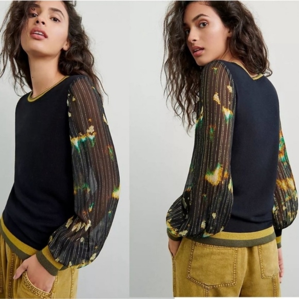 Anthropologie Blank London Nela Sweater Size M Metallic/Sheer Sleeve Pullover